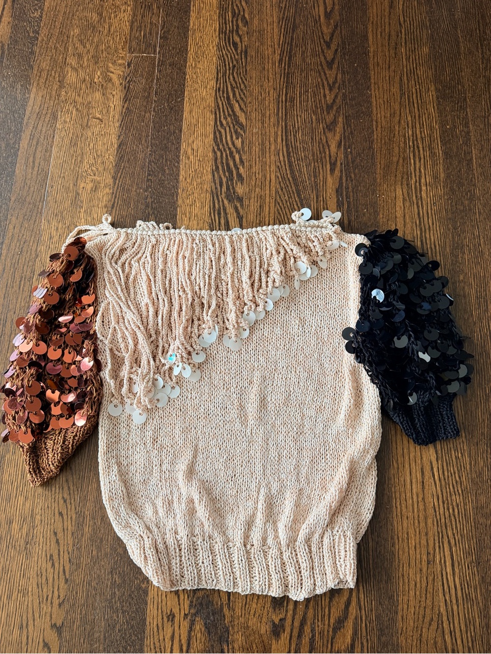 Vintage Sequin Fringe Knit Sweater in Blush with Black & Copper Sleeves small